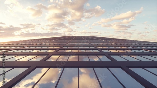 Skyscraper building against the blue sky with sky reflections. 3d rendering