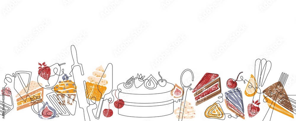 Horizontal Border Pattern with Cake and Pie Slices. Background with