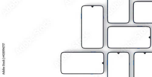 Smartphone collage mock-up with a blank screens perspective view. Mobile mock-up collage. 3d illustration.