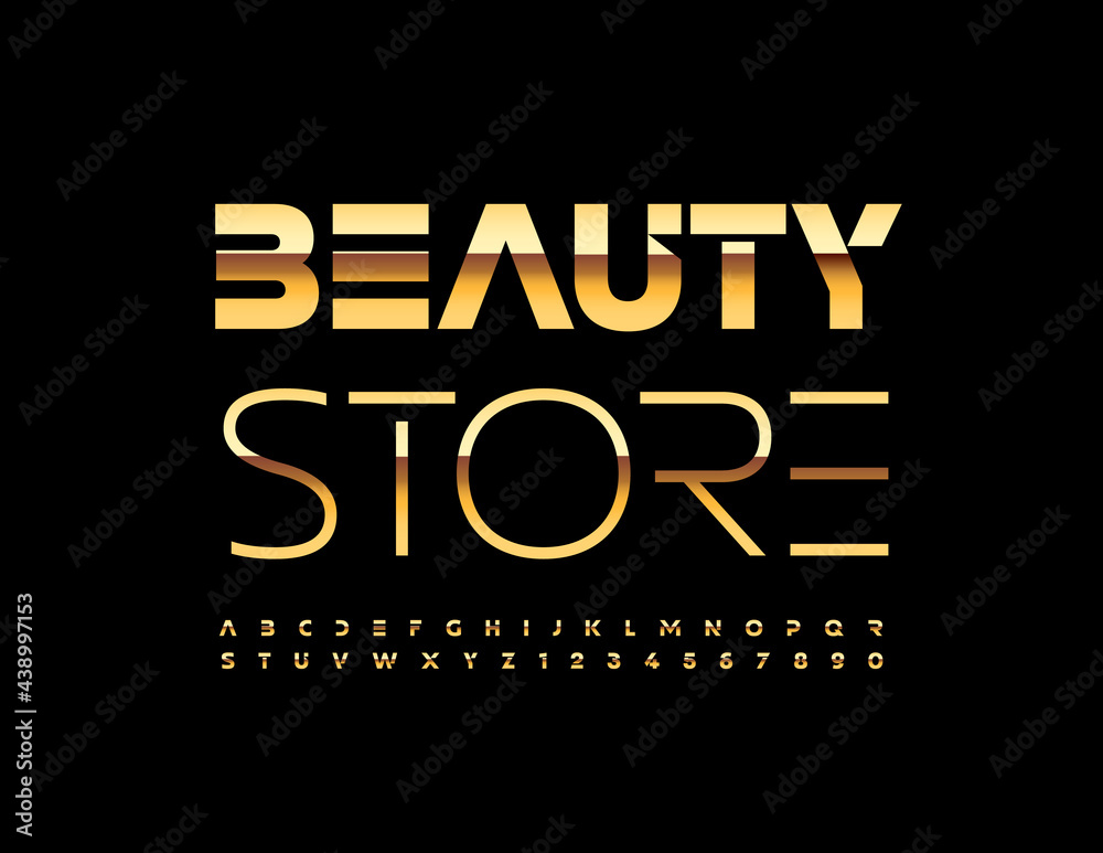 Vector elegant banner Beauty Store. Gold fashionable Font. Stylish set of Alphabet Letters and Numbers