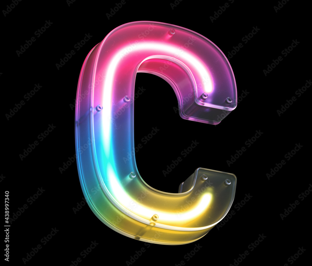 Glowing neon under matte glass. Font. Letter C.
