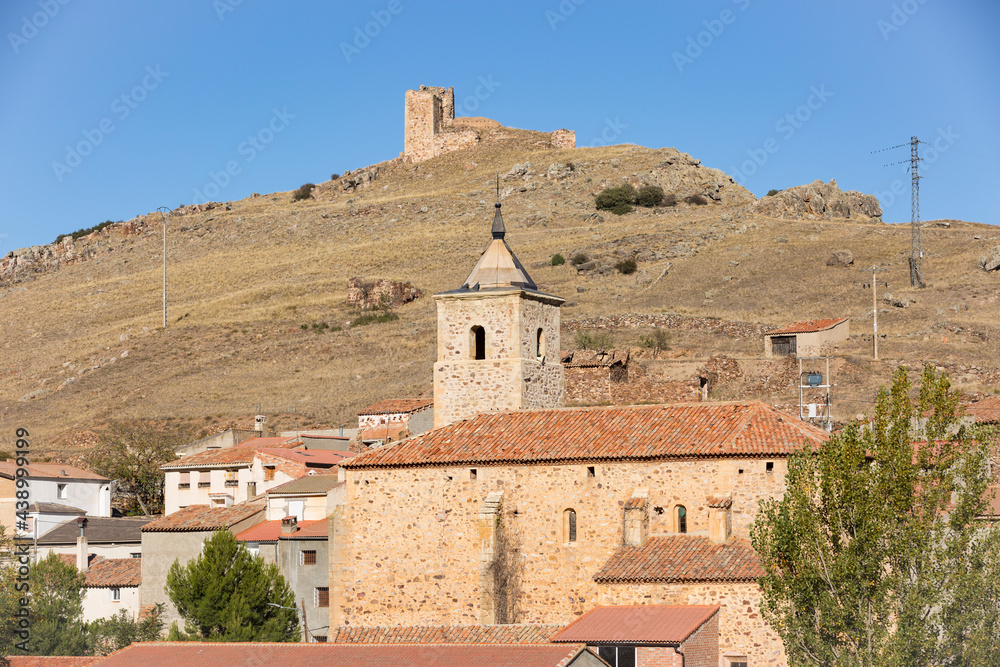 church of Santiago and the castle in Santed village, province of Zaragoza, Aragon, Spain