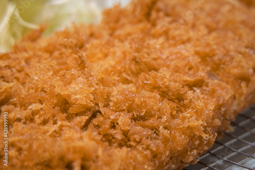 Closeup of Japanese homemade tonkatsu, deep fry pork cutlet, which coated with crispy breadcrumb put on iron grid in the plate with shredded slice cabbage on the side.