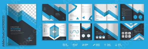 16 pages business brochure, modern blue and dark color combination bi-fold brochure template, fully editable brochure template design.