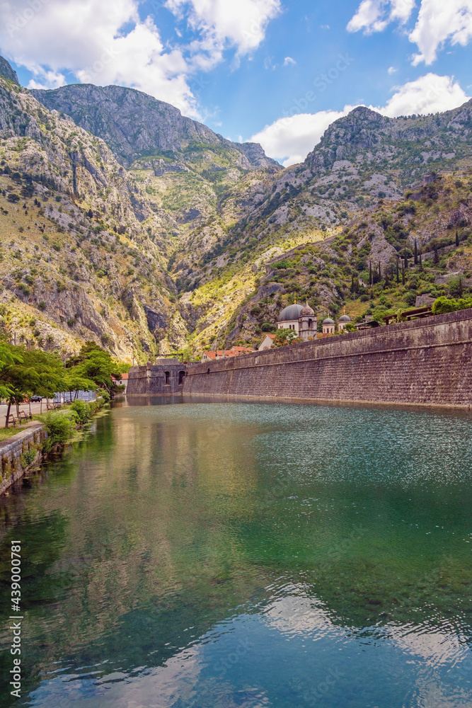 Montenegro, Old Town of Kotor.  View of Skurda river and northern walls of ancient fortress