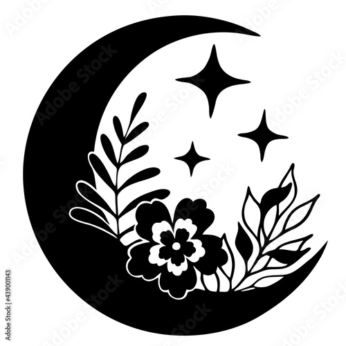 Magic moon with stars and flowers on white background.