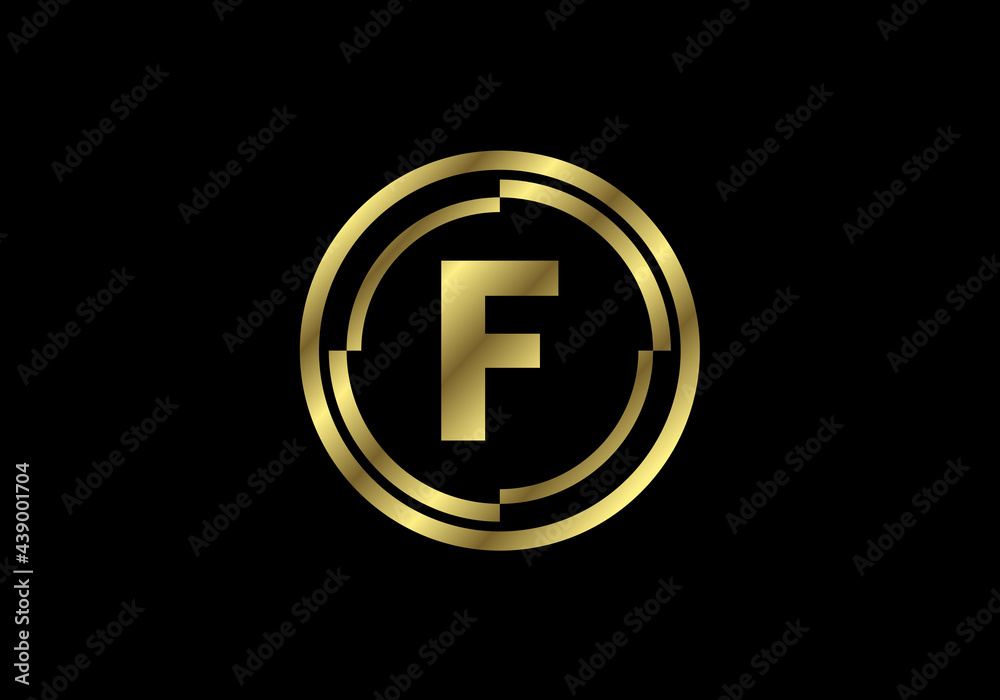 Golden letters F with golden circle frames. English alphabet, vector illustration Golden letters F with golden circle frames. English alphabet, vector illustration