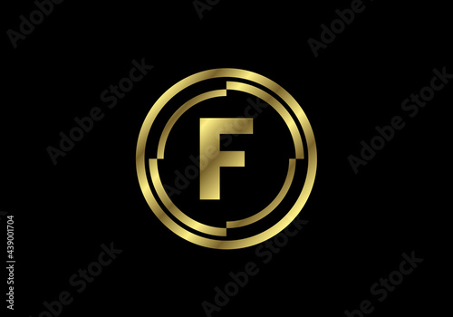 Golden letters F with golden circle frames. English alphabet, vector illustration