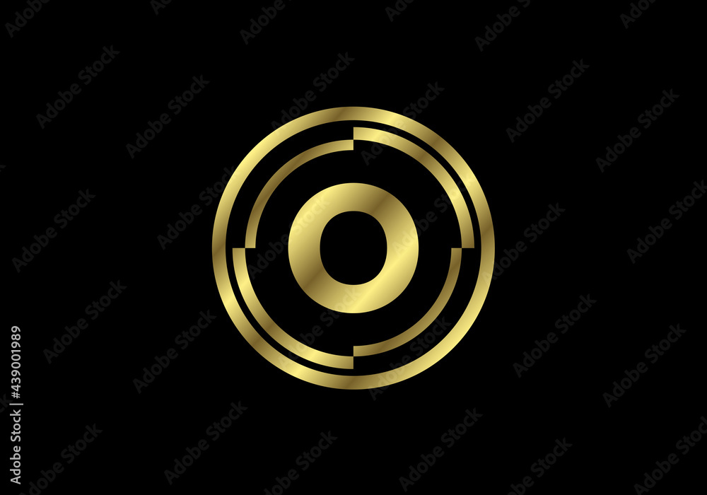 Golden letters O with golden circle frames. English alphabet, vector illustration