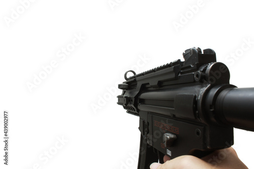 MP5 assault rifle weapon gun in first person shooting view isolated on white background