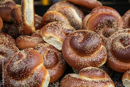 Beautiful selection of challah bread in the Mahane Yehuda Market in Jerusalem photo
