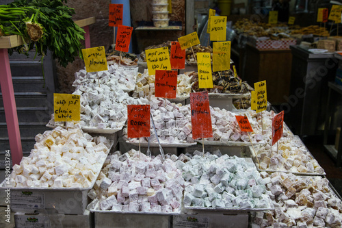 Variety of Turkish Delight sweets  in the Mahane Yehuda Market in Jerusalem photo
