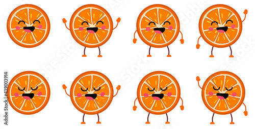 Cute kawaii style orange citrus fruit icon, eyes closed, mouth smiling open. Version with hands raised, down and waving
