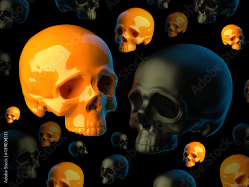 Abstract composition with flying sculpted orange and black plastic skulls without lower jaws isolated on black background. 3d illustration