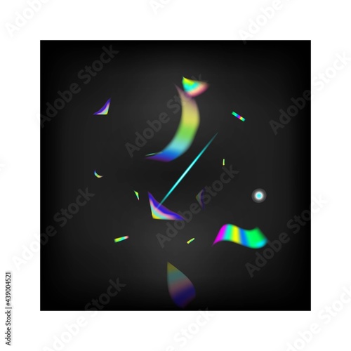 Holo Glitch Effect Rainbow Bokeh. Rainbow Tinsel. Falling Hologram Confetti.  Gradient Overlay Vivid Foil Tinsel. Gold Transparent Falling Particles. Blue, Purple, Green Celebration Background.