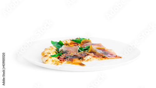 Prosciutto di parma pizza isolated on a white background. Pizza with Parma ham. Jamon. Italian cuisine.