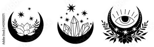 Set of magic black moons with stars and flowers on white background.
