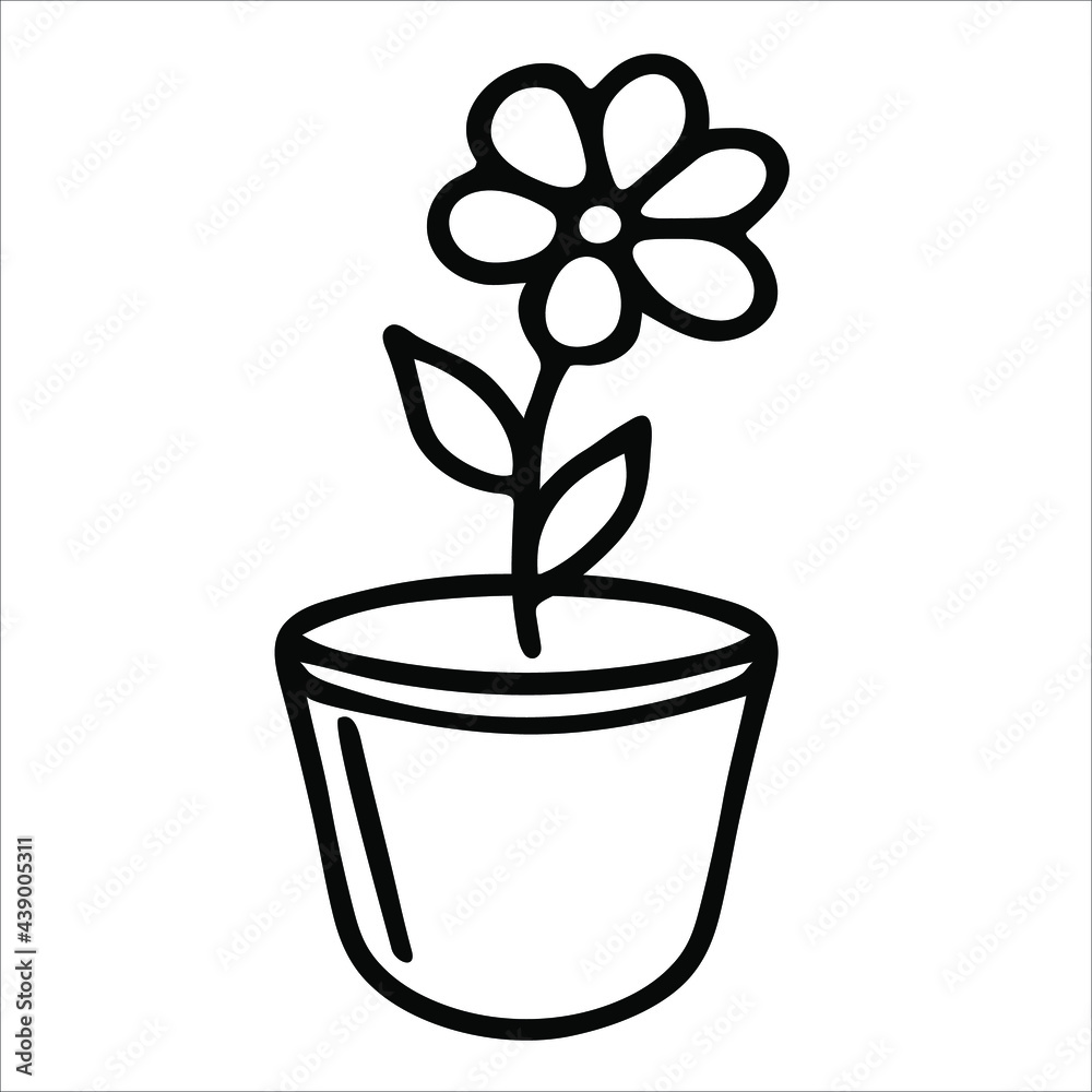 Flower in pot outline vector icon. Coloring book page for children