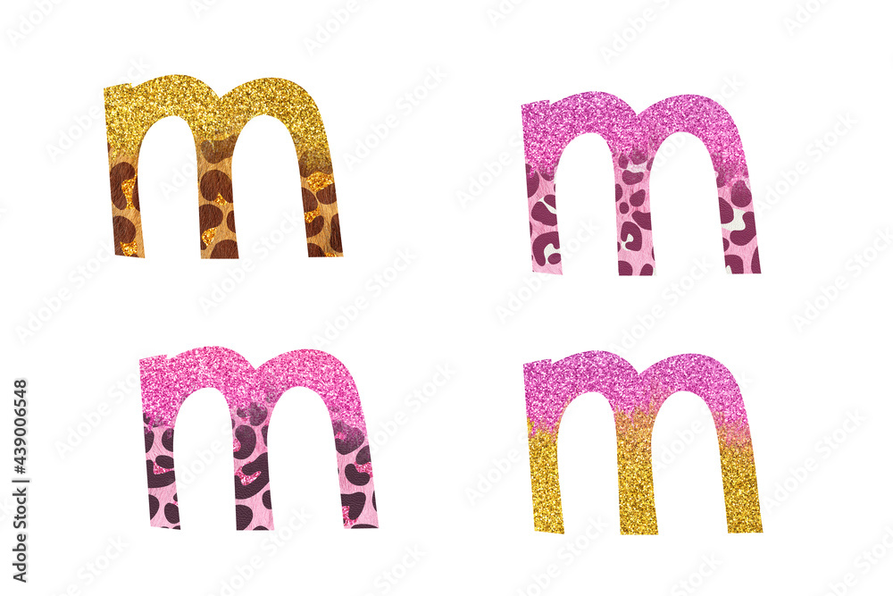 Bright creative leopard Latin alphabet. Clip art set on white background. Letter M