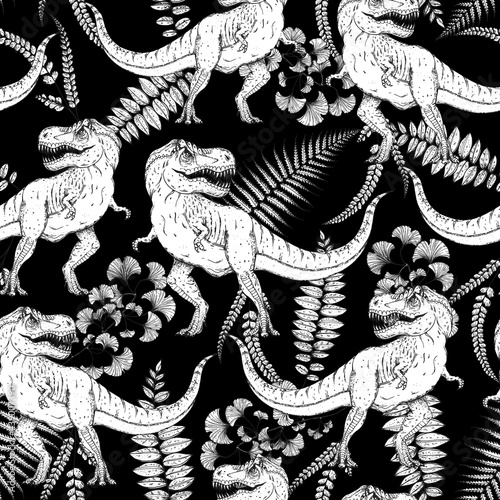 Tyrannosaur dinosaur hand drawn. Black and white seamless pattern. Background design. Tropical pattern. Vector illustration. Carnivorous dinosaur.