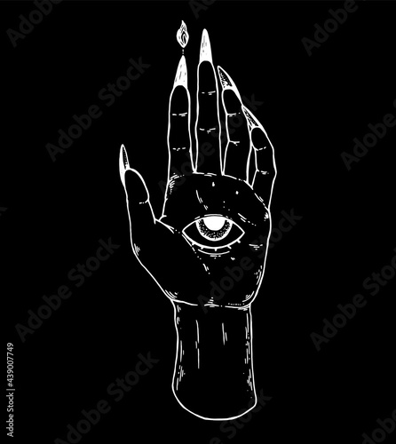 Mystic and occult hand. Palm with an all-seeing eye. Mystical print. Hand drawn vector illustration.