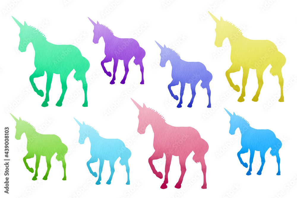 Unicorns in watercolors. Sublimation backgrounds clip art set on white