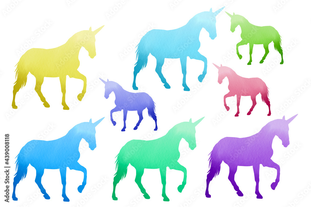 Unicorns. Watercolor colorful sublimation backgrounds clip art set on white