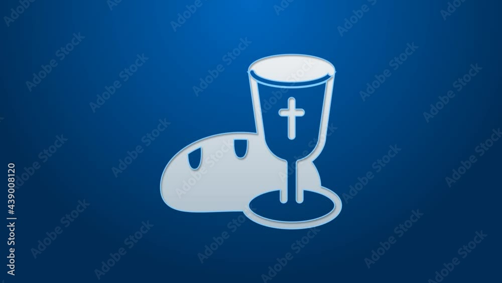 White line Goblet and bread icon isolated on blue background. Bread and wine cup. Holy communion sign. 4K Video motion graphic animation