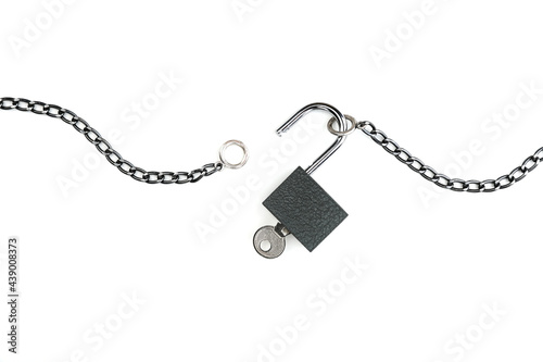 unlocked padlock with chain on white background with copy space