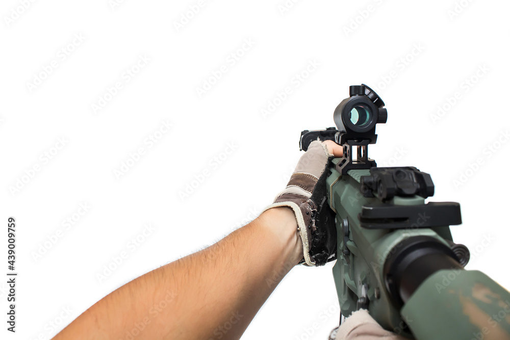 POV of M4 rifle weapon shooting gun with red dot isolated on white background POV of M4 rifle weapon shooting gun with red dot isolated on white background