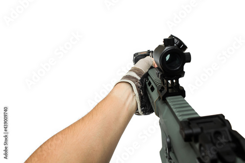 POV of M4 rifle weapon shooting gun with red dot isolated on white background