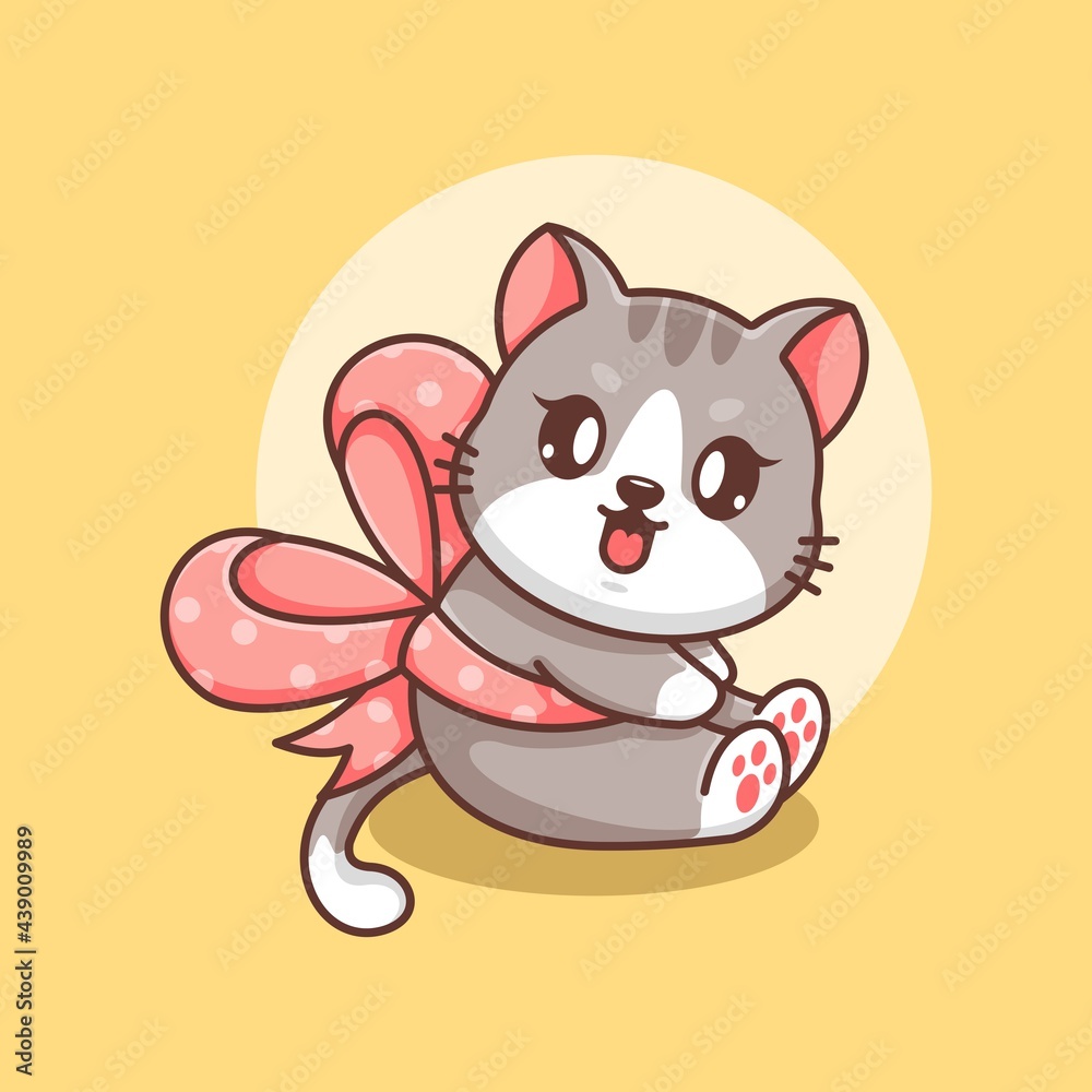 Cute cat with ribbon cartoon