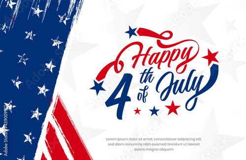 USA, America happy 4th of July custom hand-lettering, typography design with stars on grunge American vintage flag background use for sale banner, discount banner, advertisement banner etc.