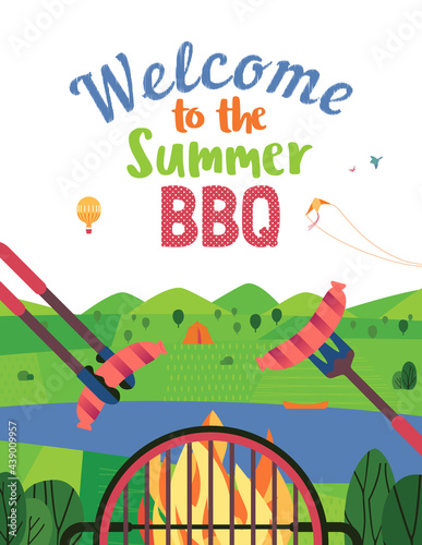 Summer outdoors concept. Cartoon retro style poster. Welcome invitation to barbecue picnic. Holiday leisure banner background. Mountain valley, lake, green hills. Vector flaming BBQ grill illustration