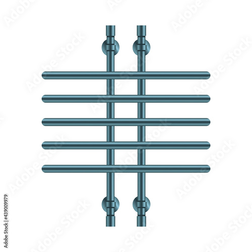 Vector illustration heated towel rail isolated on white background. Realistic metal coil pipe icon in flat cartoon style. Modern iron bathroom central heating radiator. Shiny towel rack for bathroom.