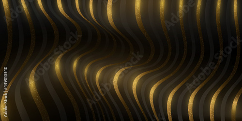 Futuristic  abstract 3d waveforms background for digital  scientific or technology design. Golden  luxurious  dynamic  curved  wavy stripes glowing in the dark. Vector illustration.