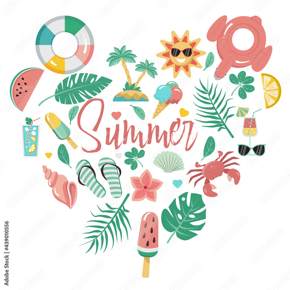Set of tropical vector elements on a summer theme isolated on a white background. For the design of covers, wallpapers, prints for t-shirts, postcards, packages. Vector illustration.