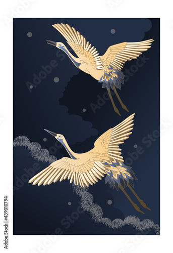Magical nightly dark blue cards. Cranes flying in the sky with sparkling stars and air clouds. Invitation to a holiday, decoration of fairy tales, covers, prints, fabrics. Fairy banner