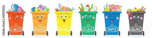 Six trash cans of different colors for separate garbage collection. Banner in cartoon style. Organic, paper, glass, metal, plastic and electronic waste. Vector flat illustration. Isolated on white.