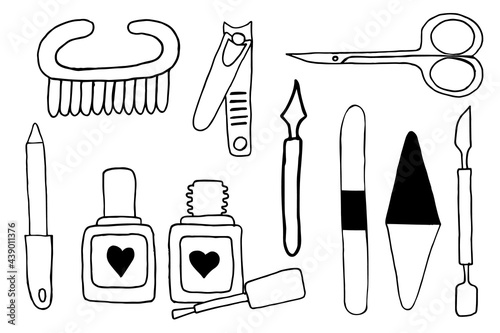 Set of tools for manicure. Hand drawing doodle sketch illustration vector. Scissors, cuticle nipper, nail files, nail polish, nail clippers, varnish, pushers. Design element, icons, print.