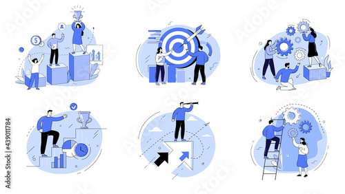 Goal achievement and teamwork, career growth and cooperation for business project development. Setting goals, achieving success business concept. Cartoon vector illustration set
