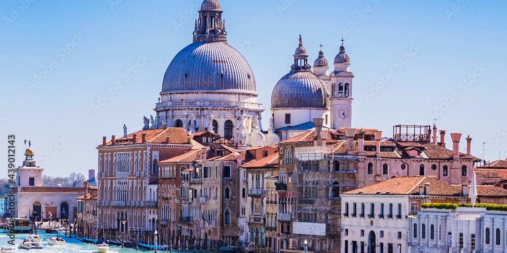 View from the Ponte dell'Accademia, Grand Canal and Santa Maria della Salute, Saint Mary of Health, commonly known simply as the Salute. Venice, Veneto, Italy, Europe