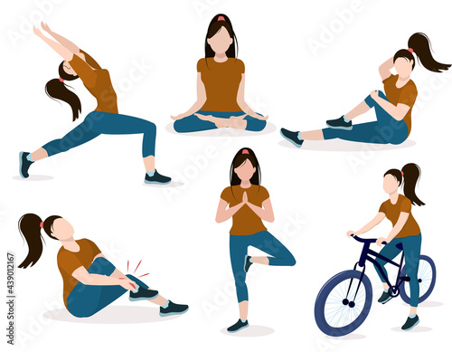 set of vector illustrations of a young brunette woman doing sport and yoga, isolated on a white background