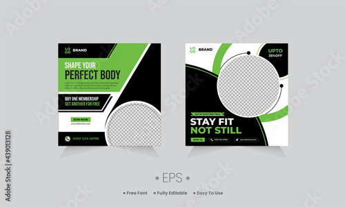 fitness gym social media web post design, Instagram post template square design set