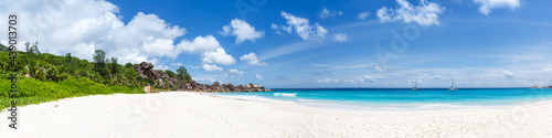 Seychelles Grand Anse beach on La Digue island panoramic view panorama vacation holidays travel traveling