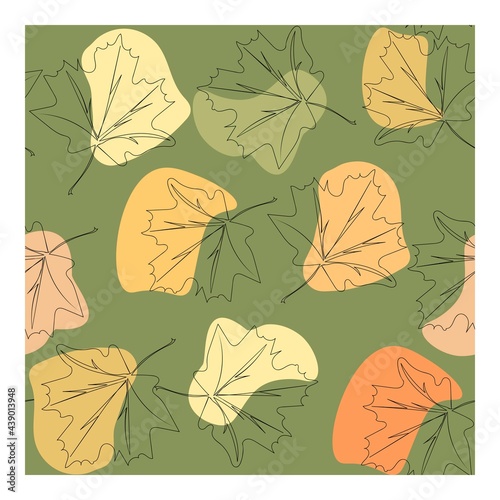 An abstraction of black outlines of maple leaves and painted beige, orange spots of pastel colors on a green background. Design for fabric, packaging, wrappers. Seamless vector pattern.
