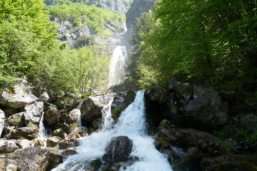 beautiful waterfall in the hiking destination theth in the albanian alps