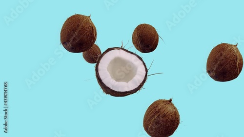 Coconuts Flying and Floating in the Air on the Blue Background