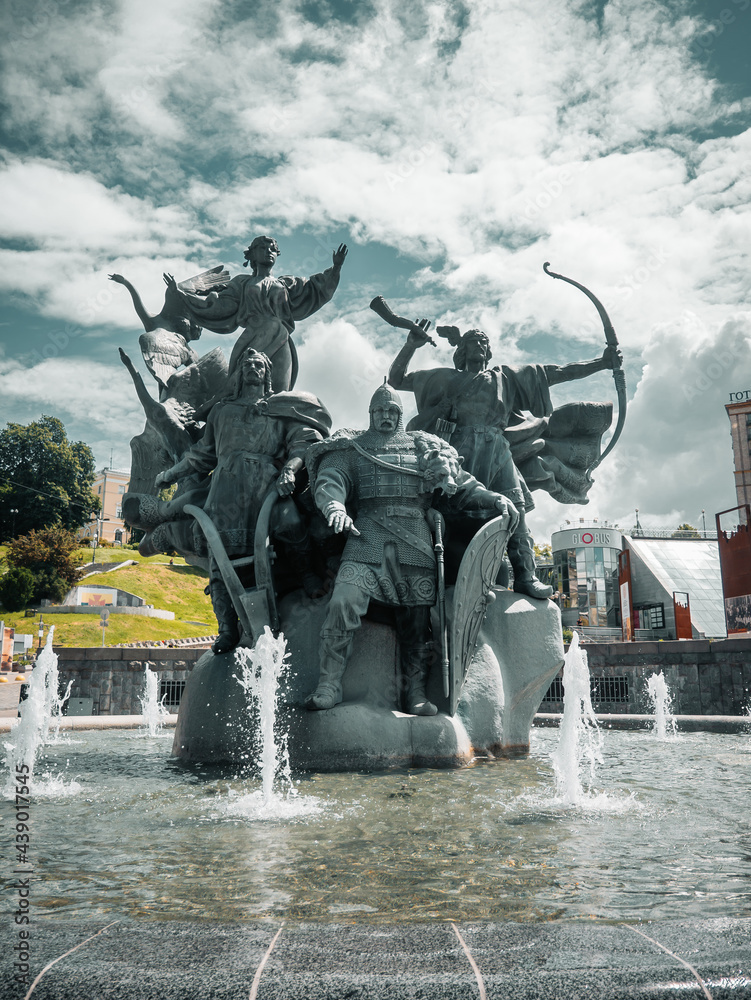 Kyiv, Ukraine - June 11, 2021.Monument to the founders of Kyiv on Independence square