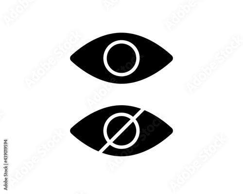 Eye symbols as show, hide, visible, invisible, public, private icons. Isolated black eye icon on white.Vision icon with prohibited sign